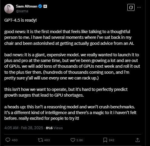 OpenAI推出GPT4.5研究预览版 情商更高、幻觉更少 Altman：下周再增数万GPU